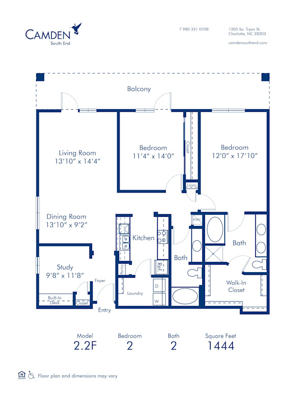 Blueprint of 2.2F Floor Plan, 2 Bedrooms and 2 Bathrooms at Camden South End Apartments in Charlotte, NC