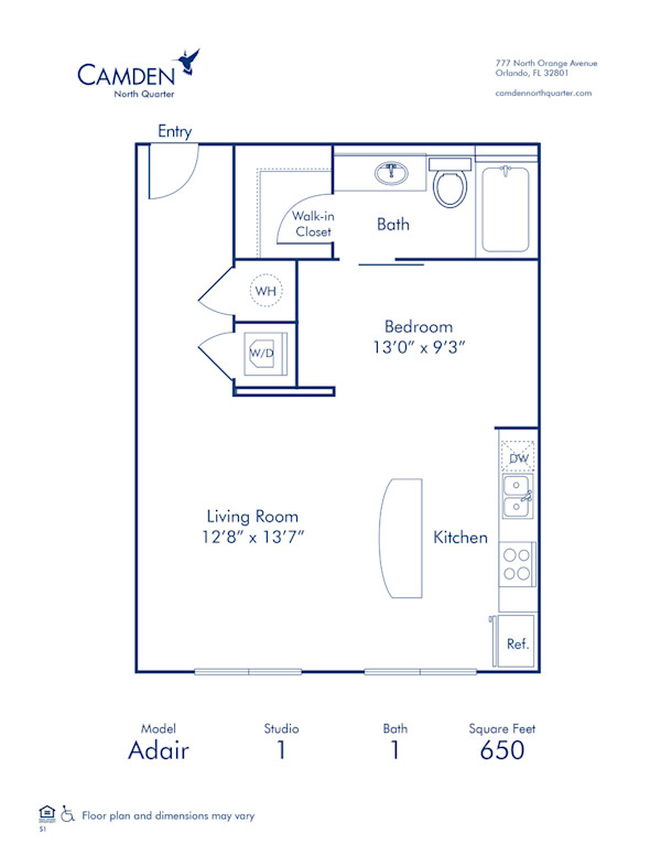 Camden North Quarter Apartments Downtown Orlando studio floor plan Adair