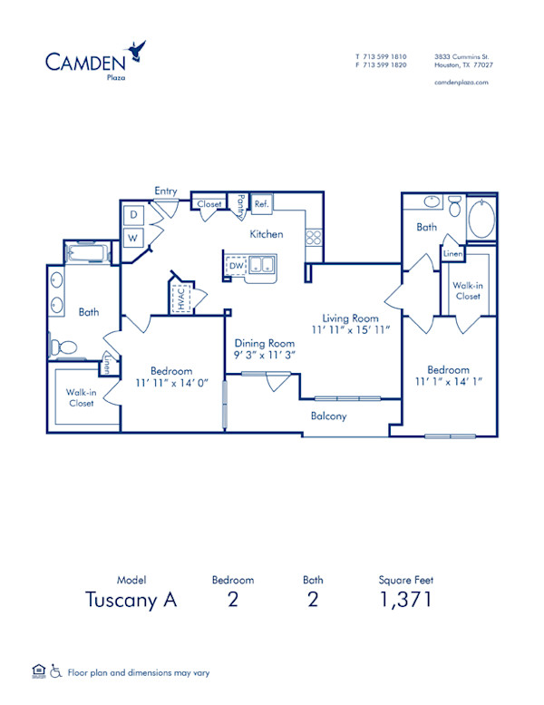 Tuscany A floor plan at Camden Plaza apartments, 2 bed, 2 bath