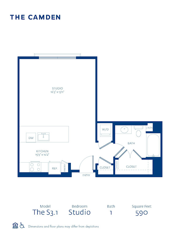 Blueprint of S3.1 Floor Plan, Studio with 1 Bathroom at The Camden Apartments in Hollywood, CA