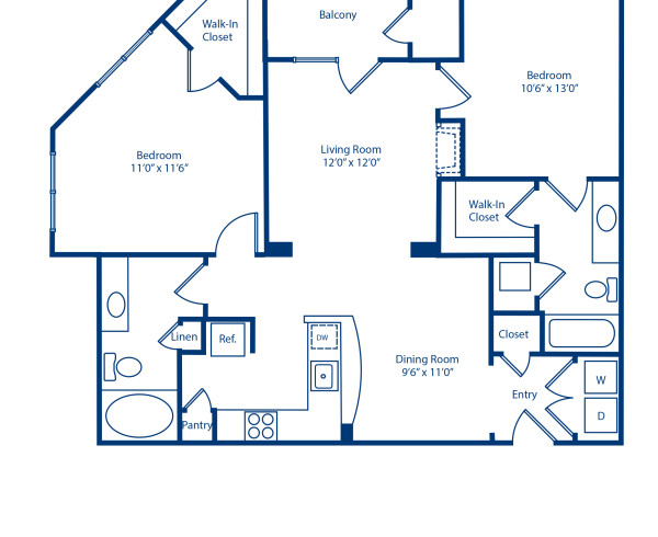 Blueprint of B2 Floor Plan, 2 Bedrooms and 2 Bathrooms at Camden Fairfax Corner Apartments in Fairfax, VA