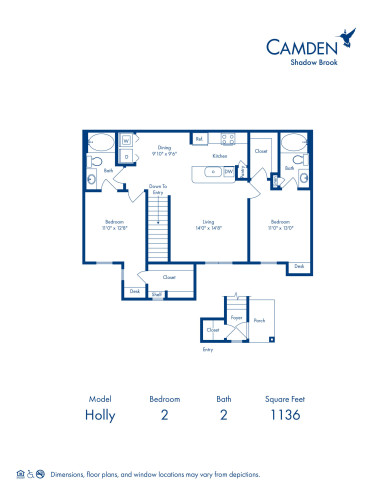 Blueprint of Holly Floor Plan, 2 Bedrooms and 2 Bathrooms at Camden Shadow Brook Apartments in Austin, TX