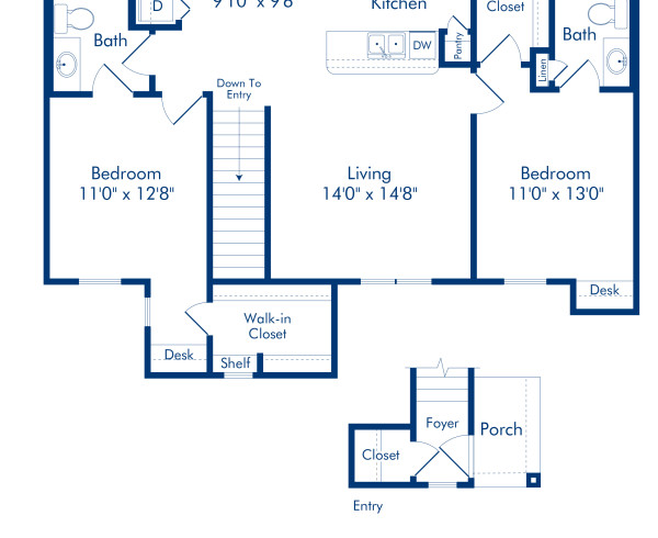 Blueprint of Holly Floor Plan, 2 Bedrooms and 2 Bathrooms at Camden Shadow Brook Apartments in Austin, TX