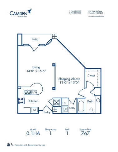 Blueprint of 0.1HA Floor Plan, Studio with 1 Bathroom at Camden Cotton Mills Apartments in Charlotte, NC