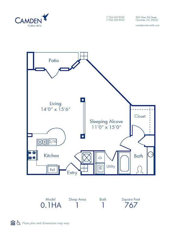 Blueprint of 0.1HA Floor Plan, Studio with 1 Bathroom at Camden Cotton Mills Apartments in Charlotte, NC