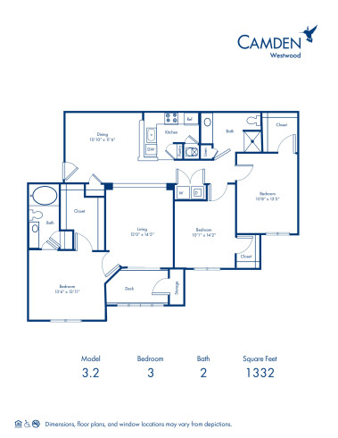 Blueprint of 3.2 Floor Plan, 3 Bedrooms and 2 Bathrooms at Camden Westwood Apartments in Morrisville, NC