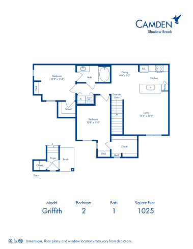 Blueprint of Griffith Floor Plan, 2 Bedrooms and 1 Bathroom at Camden Shadow Brook Apartments in Austin, TX