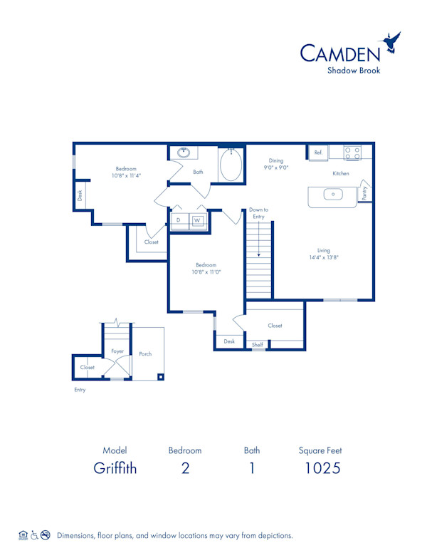 Blueprint of Griffith Floor Plan, 2 Bedrooms and 1 Bathroom at Camden Shadow Brook Apartments in Austin, TX