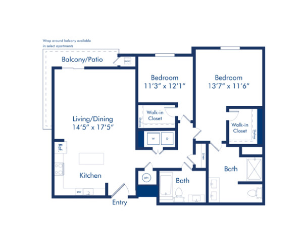 Blueprint of Monet floor plan, two bedroom and two bathroom apartment home at Camden Pier District Apartments in St. Petersburg, FL