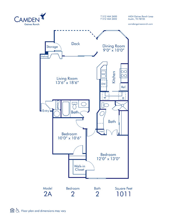 Blueprint of 2A Floor Plan, 2 Bedrooms and 2 Bathrooms at Camden Gaines Ranch Apartments in Austin, TX