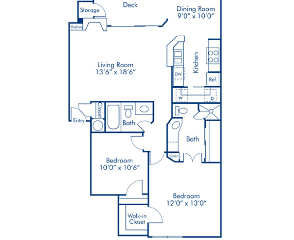Blueprint of 2A Floor Plan, 2 Bedrooms and 2 Bathrooms at Camden Gaines Ranch Apartments in Austin, TX