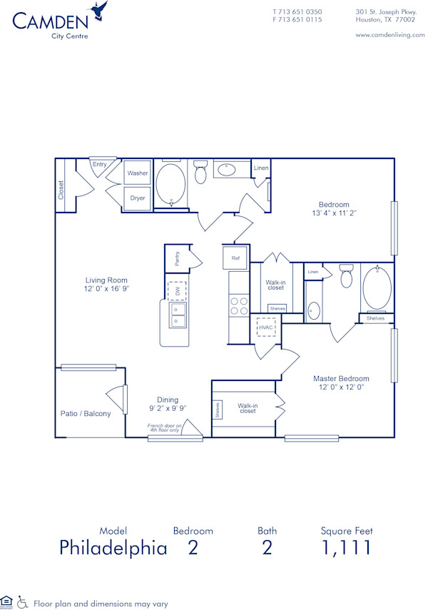 Blueprint of Philadelphia Floor Plan, 2 Bedrooms and 2 Bathrooms at Camden City Centre Apartments in Houston, TX