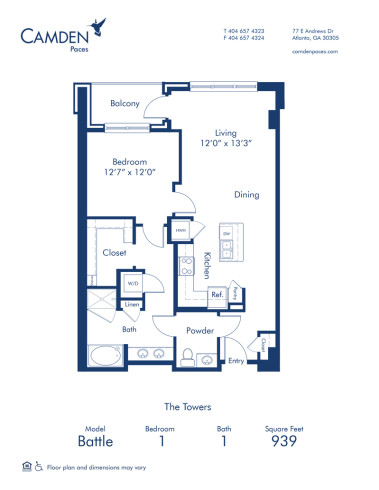 Blueprint of Battle Floor Plan, 1 Bedroom and 1 Bathroom at Camden Paces Apartments in Atlanta, GA