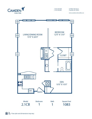 Blueprint of 2.1CB Floor Plan, Apartment Home with 1 Bedroom and 1 Bathroom with Den at Camden Cotton Mills in Charlotte, NC