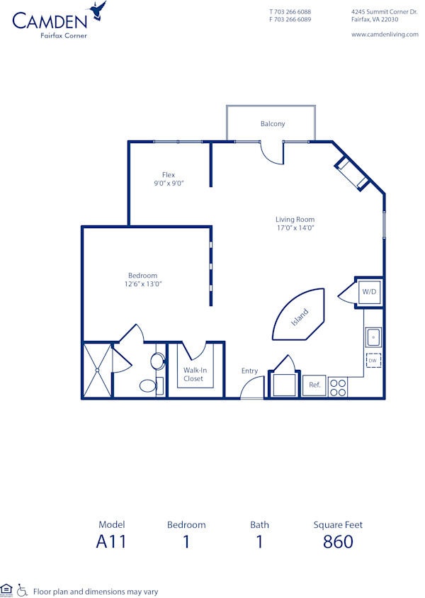 Blueprint of A11 Floor Plan, Studio with 1 Bathroom at Camden Fairfax Corner Apartments in Fairfax, VA