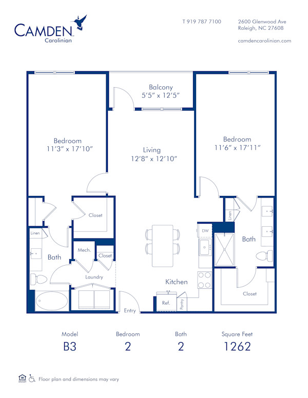 Camden Carolinian apartments in Raleigh, North Carolina two bedroom floor plan B3