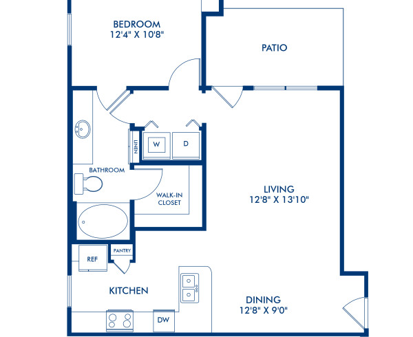 Blueprint of Treviso Vista Floor Plan, 1 Bedroom and 1 Bathroom at Camden Riverwalk Apartments in Grapevine, TX