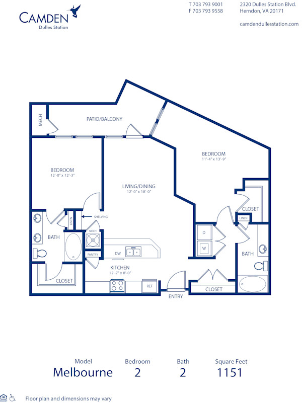 Blueprint of Melbourne Floor Plan, 2 Bedrooms and 2 Bathrooms at Camden Dulles Station Apartments in Herndon, VA