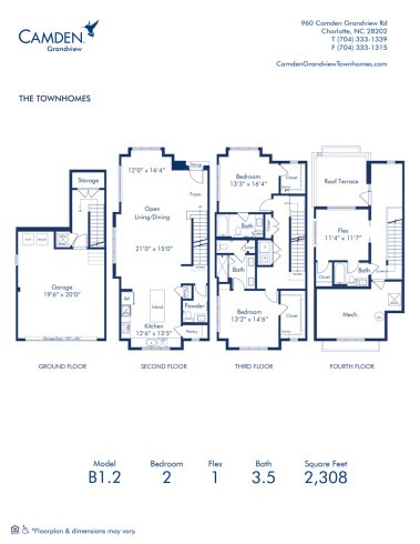 Blueprint of B1.2 Floor Plan, 2 bedroom and 3.5 bathroom apartment home at Camden Grandview Townhomes in Charlotte, NC