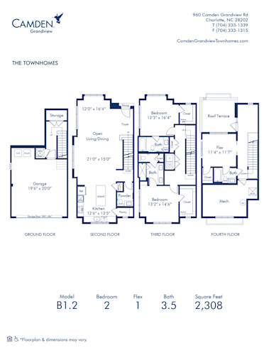 Blueprint of B1.2 Floor Plan, 2 bedroom and 3.5 bathroom apartment home at Camden Grandview Townhomes in Charlotte, NC