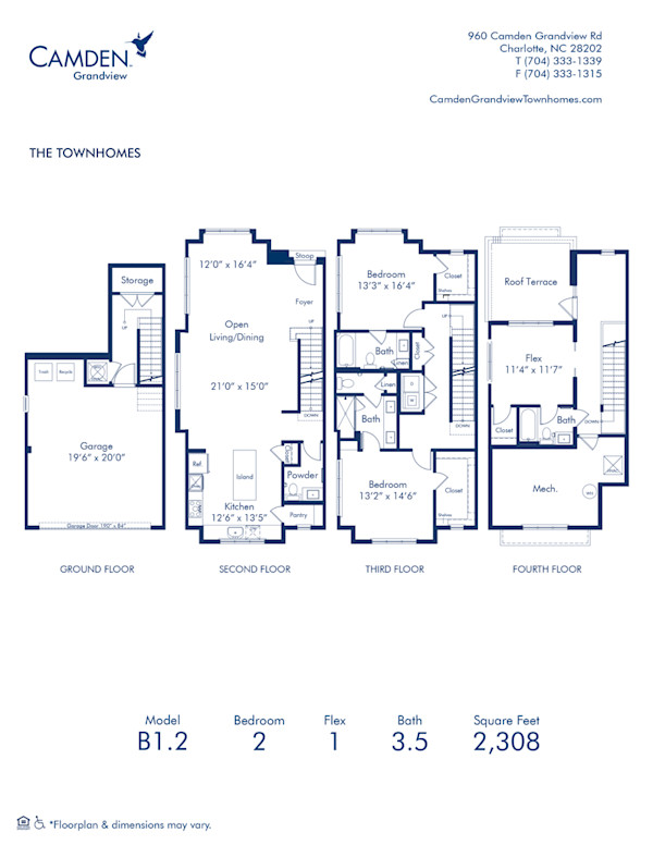 Blueprint of B1.2 Floor Plan, 2 bedroom and 3.5 bathroom apartment home at Camden Grandview Townhomes in Charlotte, NC