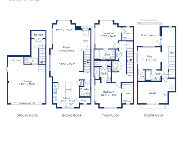 Blueprint of B1.2 Floor Plan, 2 bedroom and 3.5 bathroom apartment home at Camden Grandview Townhomes in Charlotte, NC