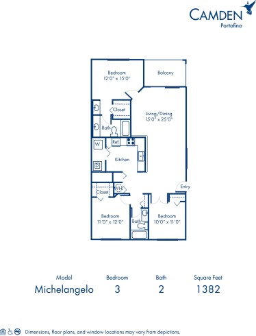 Blueprint of Michelangelo Floor Plan, Apartment Home with 3 Bedrooms and 2 Bathrooms at Camden Portofino in Pembroke Pines, FL