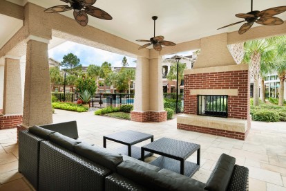 Outdoor lounge with fireplace