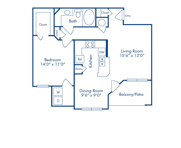 Blueprint of B Floor Plan, 1 Bedroom and 1 Bathroom at Camden Huntingdon Apartments in Austin, TX