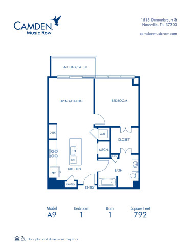 Blueprint of A9 Floor Plan, 1 Bedroom and 1 Bathroom at Camden Music Row Apartments in Nashville, TN