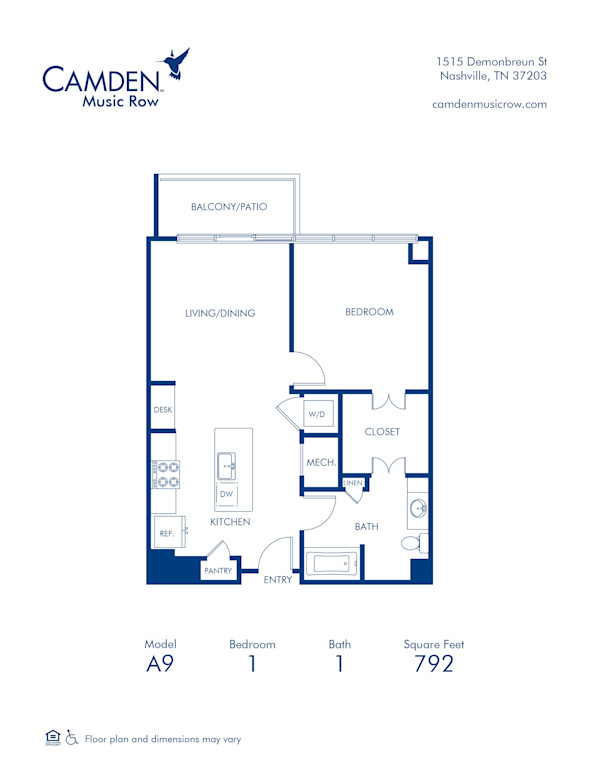 Blueprint of A9 Floor Plan, 1 Bedroom and 1 Bathroom at Camden Music Row Apartments in Nashville, TN