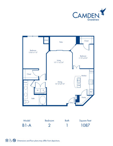 The Nantucket floor plan, 2 bed, 1 bath, 1087 sq ft accessible apartment home at Camden Grandview Apartments in Charlotte, NC