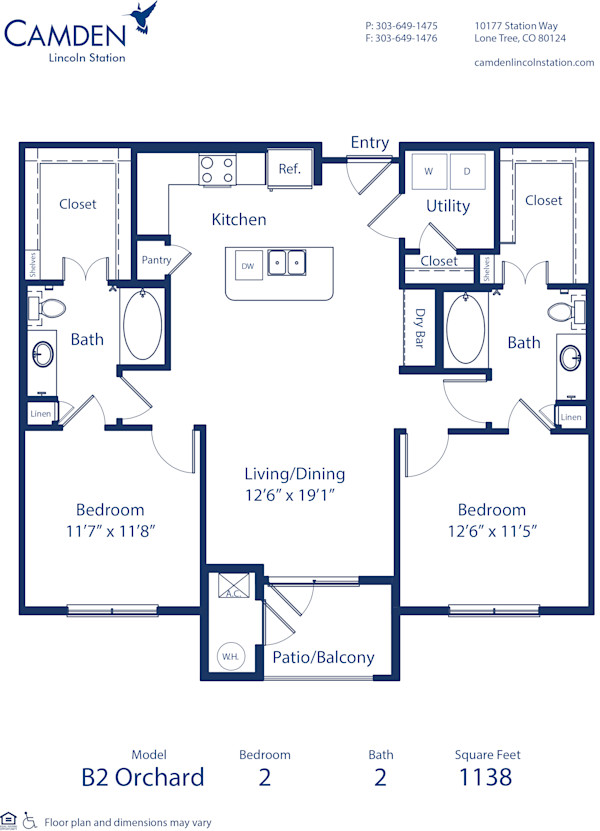 Blueprint of Orchard Floor Plan, 2 Bedrooms and 2 Bathrooms at Camden Lincoln Station Apartments in Lone Tree, CO