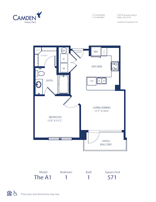 Blueprint of A1 Floor Plan, 1 Bedroom and 1 Bathroom at Camden Victory Park Apartments in Dallas, TX