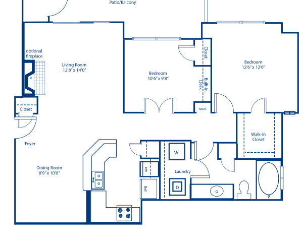 Blueprint of 2.1D Floor Plan, 2 Bedrooms and 1 Bathroom at Camden Lansdowne Apartments in Lansdowne, VA