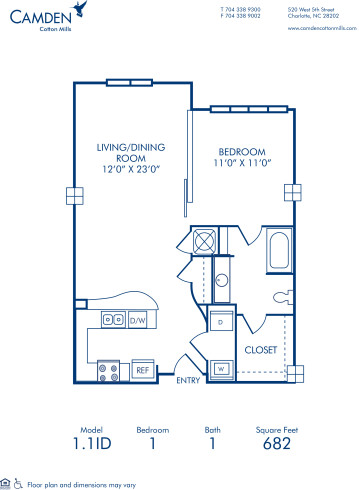 Blueprint of 1.1ID Floor Plan, 1 Bedroom and 1 Bathroom at Camden Cotton Mills Apartments in Charlotte, NC