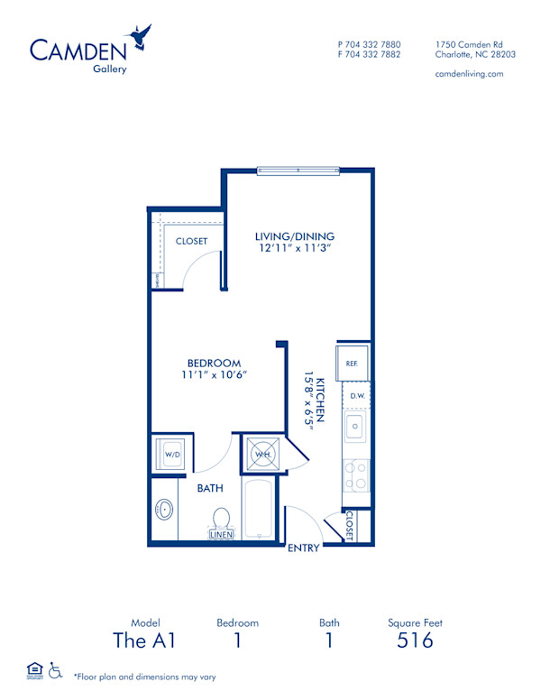 Blueprint of A1 Floor Plan, Studio with 1 Bathroom at Camden Gallery Apartments in Charlotte, NC