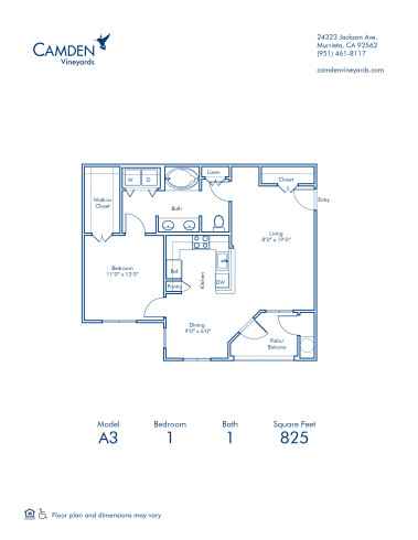 Blueprint of A3 Floor Plan, 1 Bedroom and 1 Bathroom at Camden Vineyards Apartments in Murrieta, CA