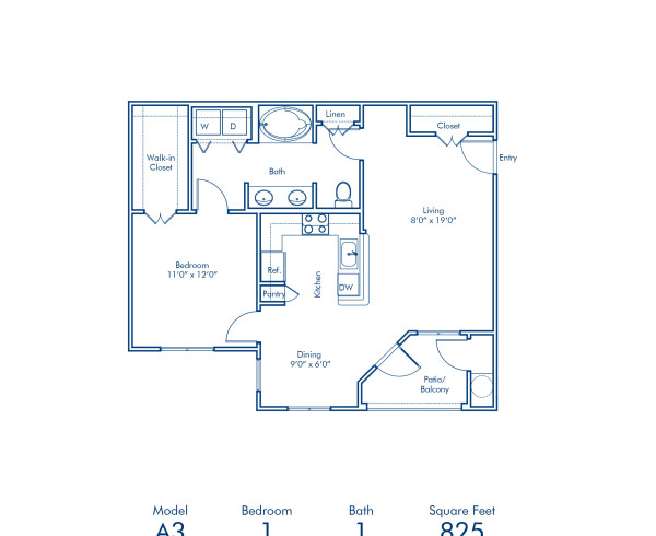 Blueprint of A3 Floor Plan, 1 Bedroom and 1 Bathroom at Camden Vineyards Apartments in Murrieta, CA