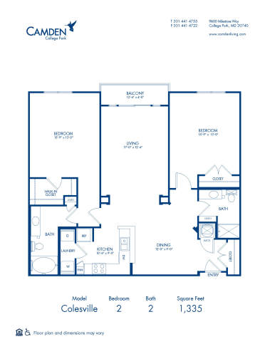 Blueprint of Colesville Floor Plan, 2 Bedrooms and 2 Bathrooms at Camden College Park Apartments in College Park, MD