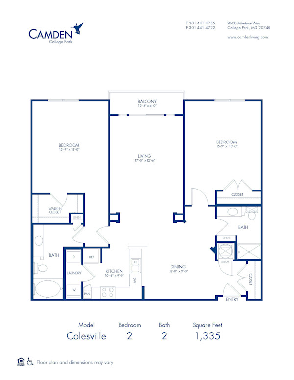 Blueprint of Colesville Floor Plan, 2 Bedrooms and 2 Bathrooms at Camden College Park Apartments in College Park, MD