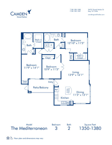 Blueprint of The Mediterranean Floor Plan, 3 Bedrooms and 2 Bathrooms at Camden Grand Harbor  Apartments in Katy, TX