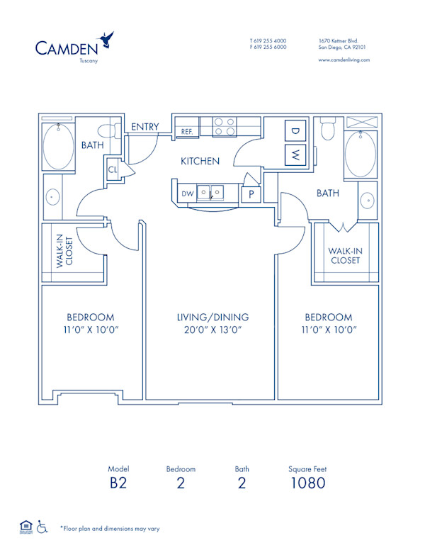 Blueprint of B2 Floor Plan, 2 Bedrooms and 2 Bathrooms at Camden Tuscany Apartments in San Diego, CA