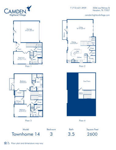 Camden Highland Village apartments in Houston, TX three bedroom townhome 14 blueprint