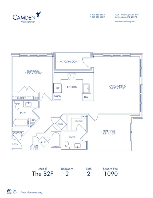 Blueprint of The B2F, 2 bedroom 2 bathroom floor plan at Camden Washingtonian Apartments in Gaithersburg, MD