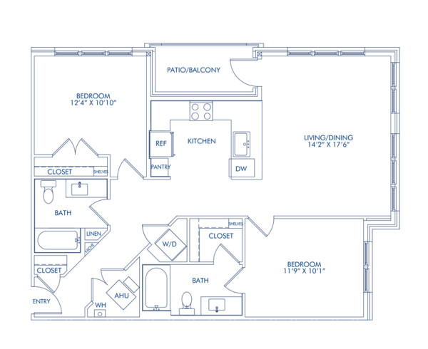 Blueprint of The B2F, 2 bedroom 2 bathroom floor plan at Camden Washingtonian Apartments in Gaithersburg, MD