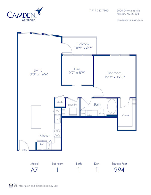 Floor plan diagram of the A7 one bedroom one bath one den at Camden Carolinian in Raleigh, NC