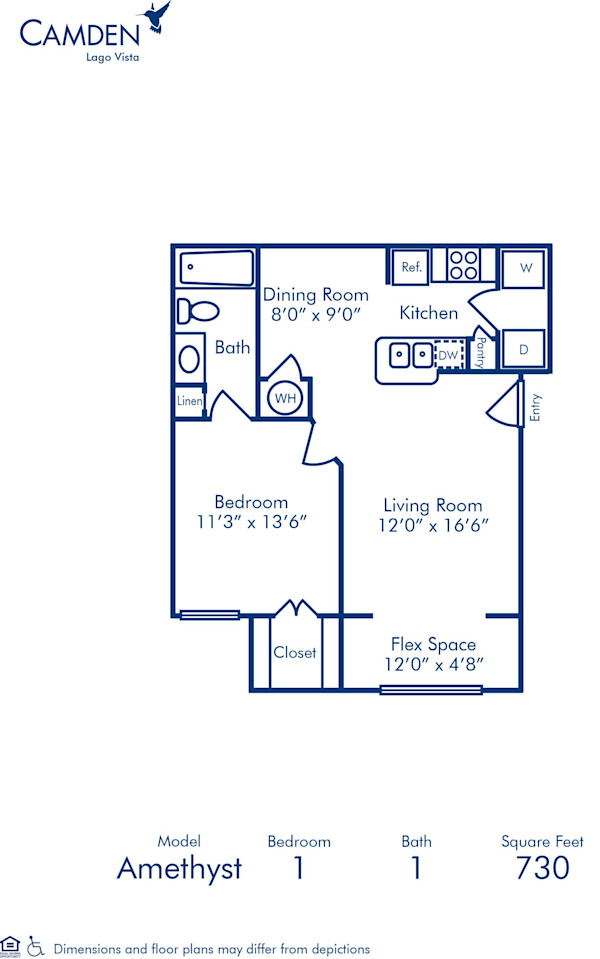 Blueprint of Amethyst Floor Plan, 1 Bedroom and 1 Bathroom at Camden Lago Vista Apartments in Orlando, FL