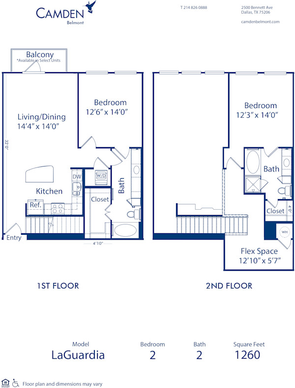 Blueprint of LaGuardia 1 Floor Plan, 2 Bedrooms and 2 Bathrooms at Camden Belmont Apartments in Dallas, TX