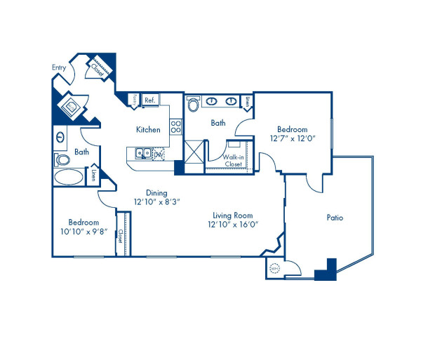 Blueprint of Amber Floor Plan, 2 Bedrooms and 2 Bathrooms at Camden Sotelo Apartments in Tempe, AZ